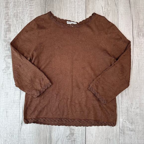 Pendleton Brown Floral 3/4 Sleeve Top Womens Large Jacquard Lace Trim Silk Blend - Picture 8 of 8